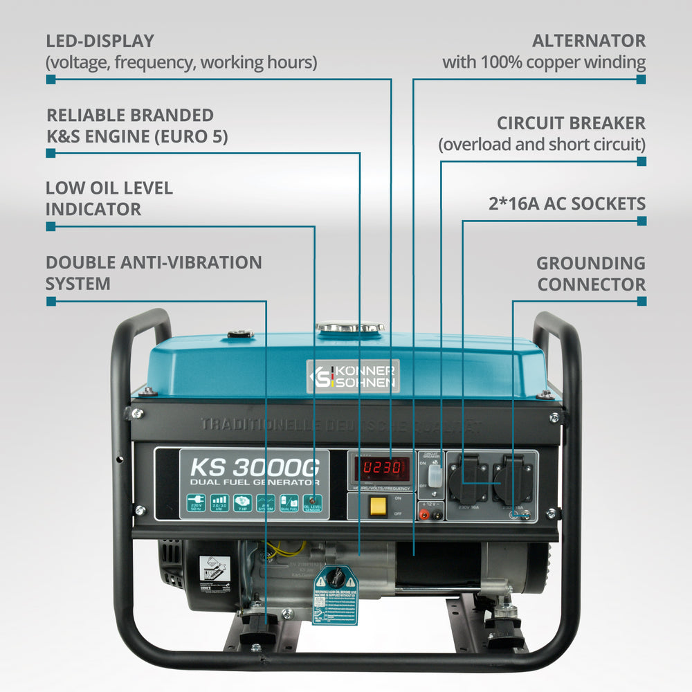 Generador híbrido de gasolina y gas "Könner & Söhnen" KS 3000G