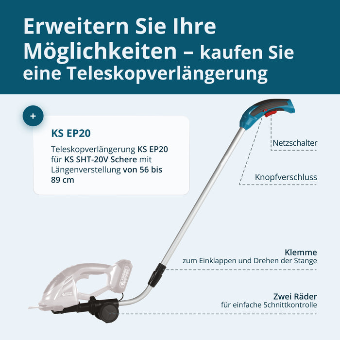 Johdoton 2-in-1 ruohosakset ja pensasleikkuri teleskooppivarrella KS SHT-20V + jatkovarsi