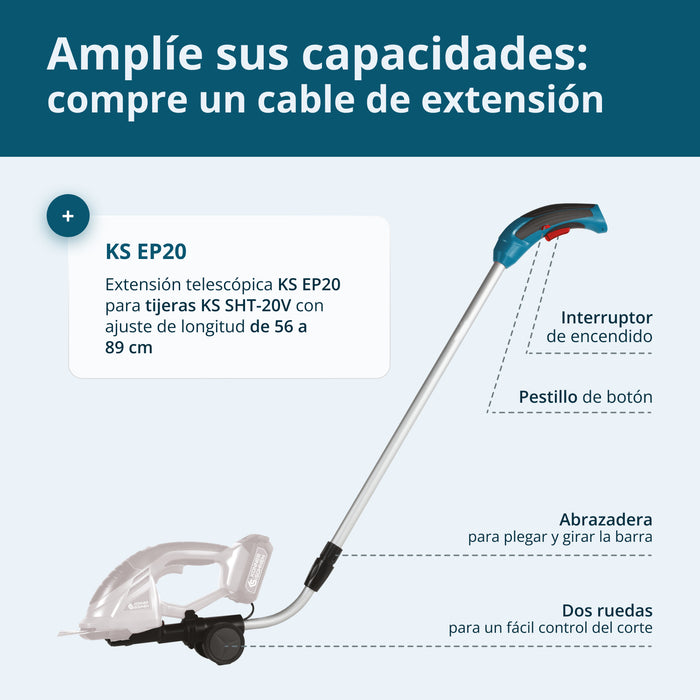 Tijeras de césped y cortasetos 2 en 1 inalámbricas con poste de extensión telescópico KS SHT-20V + Extension Pole