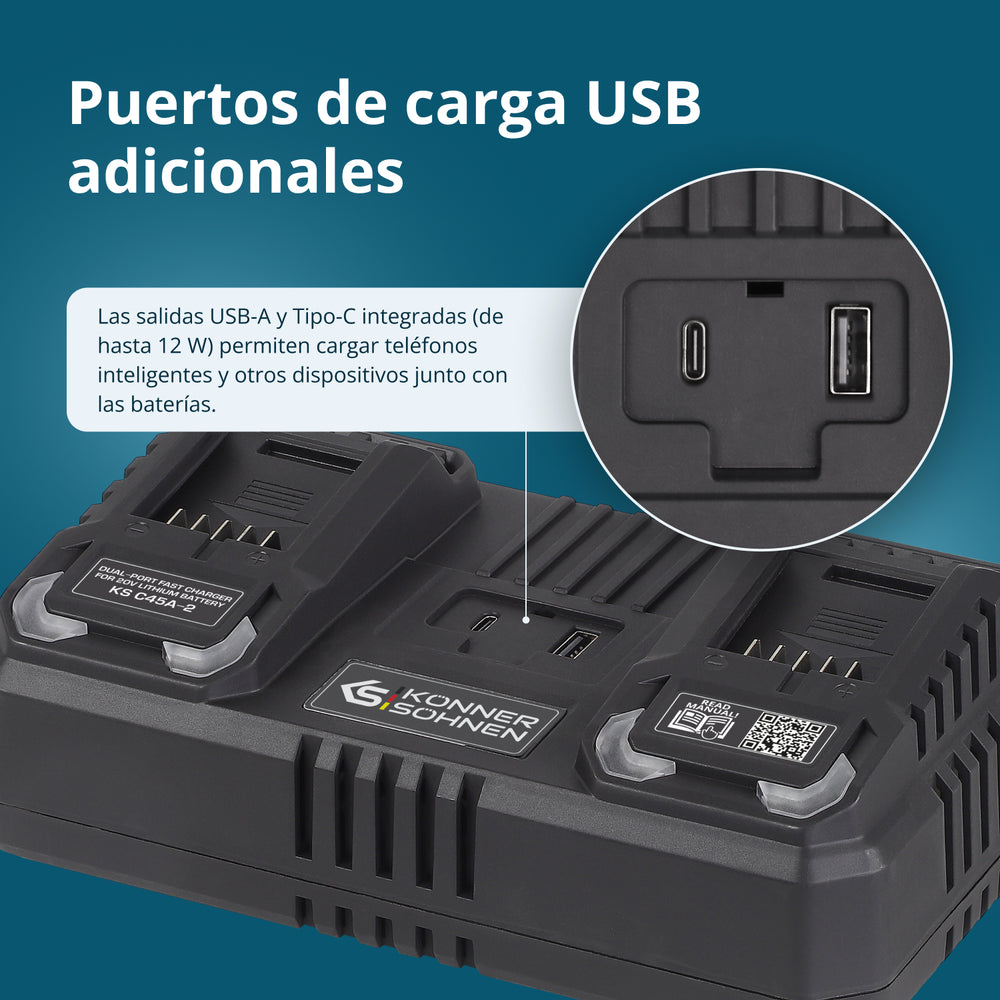 Cargador doble para baterías recargables 20V KS C45A-2